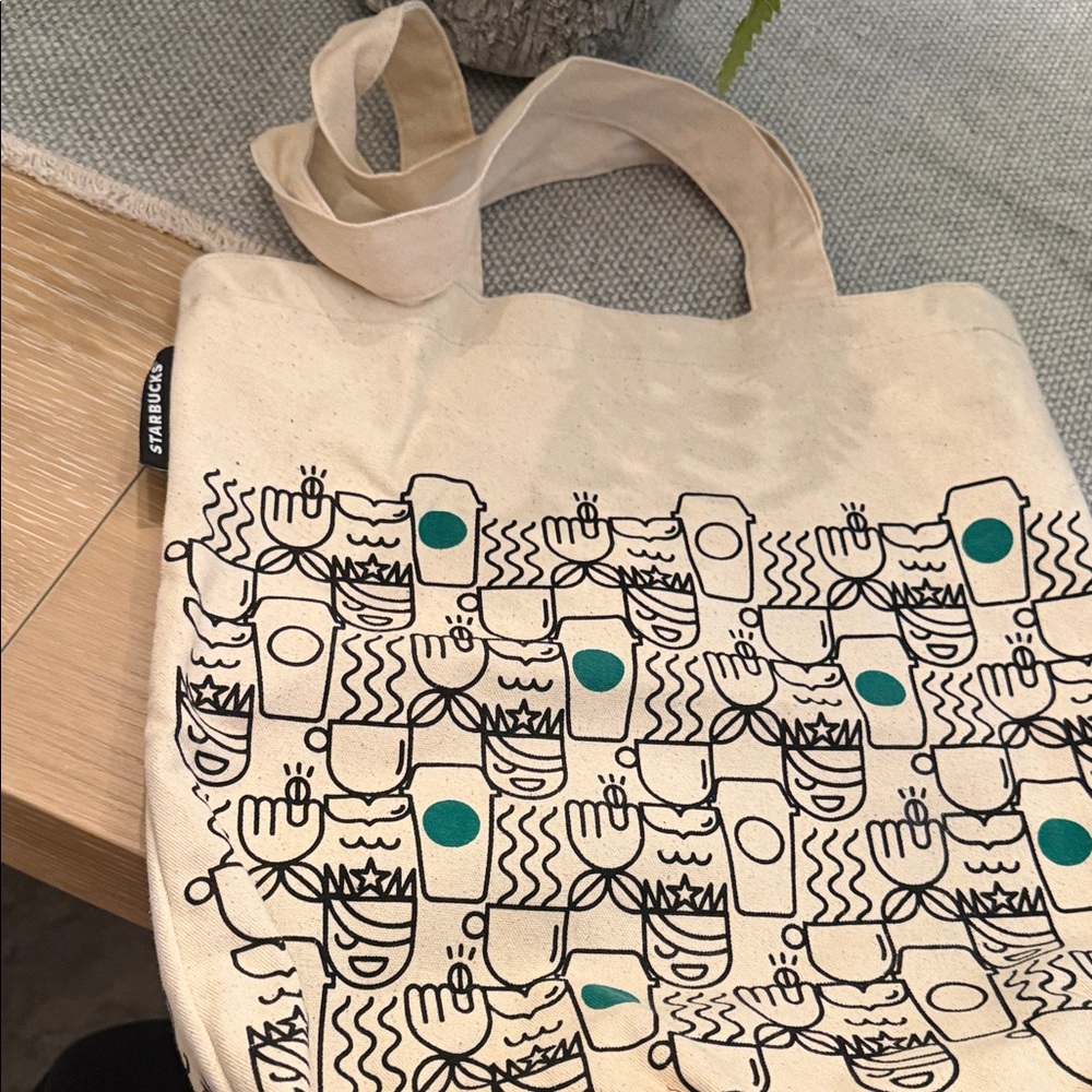 Starbucks Cream Canvas Tote with Teal Accent Graphic